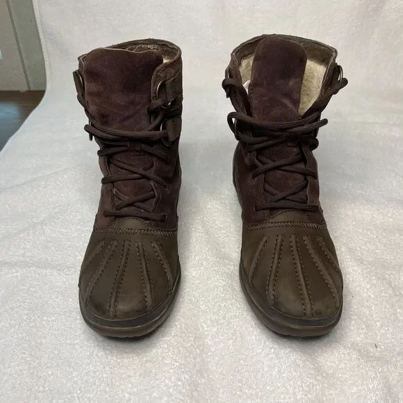 UGG Azaria Boots Women 6.5 Brown Suede Leather Waterproof Shearling Lined Casual - Picture 2 of 11